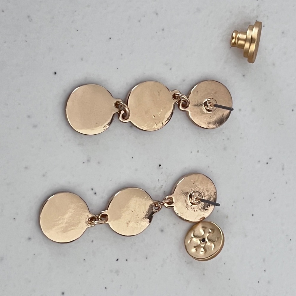 Tory Burch Gold-Tone Red Enamel Triple Drop Logo Earrings - Picture 4 of 13
